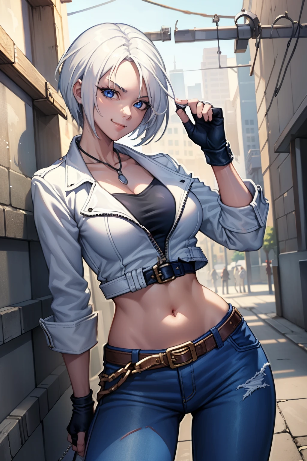 (masterpiece), best quality, expressive eyes, perfect face, highres, 1girl, solo, angelms, white hair, white jacket, jeans, fingerless gloves, dangerous pose, parkour, mean smiling, fanstasy background, cowboy shot, fullbody shot, looking at the viewer, from front, chains adornment, 
