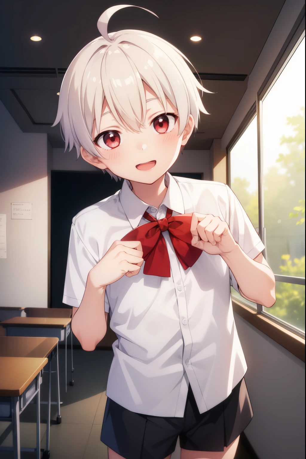 One boy, White short hair,Ahoge,Bright smile,Red eyes,Dress shirt,Shorts,Squint your eyes,Blushing,Looking up, classroom, 
Looking at the audience,
 Highest quality, High resolution, unity 8k wallpaper, Perfect lighting