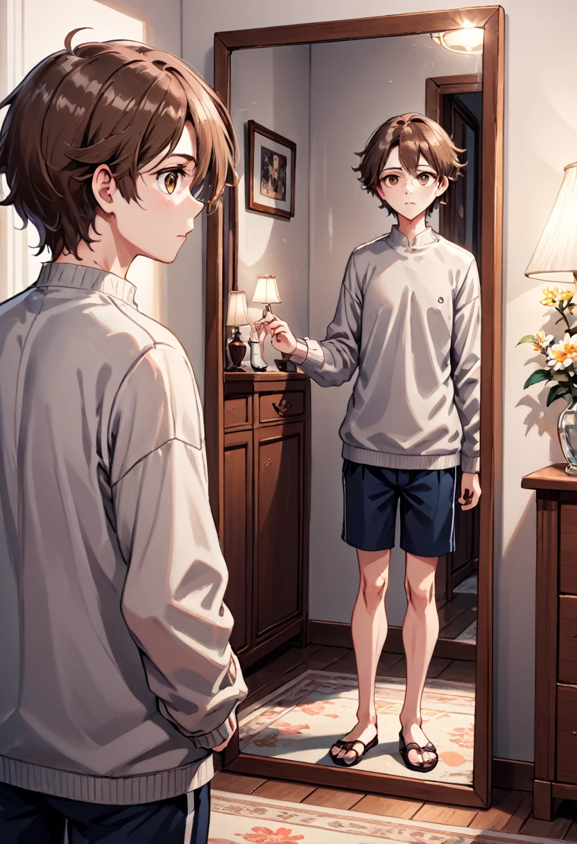 Create an anime-style illustration of a young person looking at themselves in a mirror. The scene should be set in a modern, minimalistic room. The young person is standing in front of a large, frameless mirror with an expression of contemplation and curiosity. Ensure that the reflection in the mirror is a mirror image, showing the exact reversed details of their face, clothing, and surroundings. The lighting should be soft, with natural light coming through a nearby window, casting gentle shadows. The overall mood of the illustration should convey a sense of self-reflection and introspection, capturing the nuances of their gaze and the subtle differences in the mirrored image.