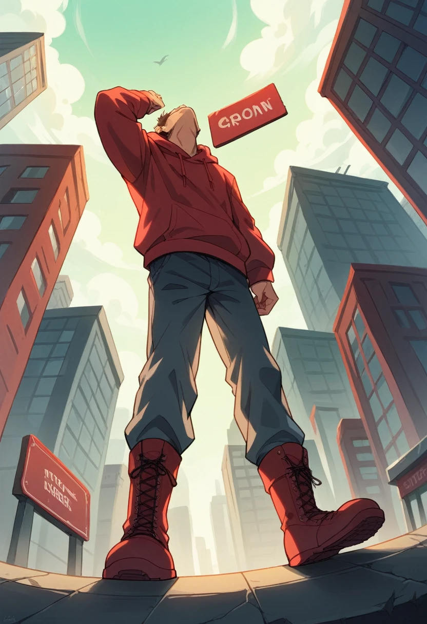 A digital artwork featuring a boy in a red hoodie and red boots standing in an urban environment. The scene is viewed from a low angle, looking up at the boy and the tall, grey buildings surrounding him. The buildings have a futuristic, dystopian aesthetic with scattered red signs and accents. The color palette is predominantly grey and red, creating a striking contrast. The boy's expression is calm and confident, with his hair flowing slightly in the wind. The overall atmosphere is urban and edgy, with a sense of depth and perspective emphasized by the tall buildings."