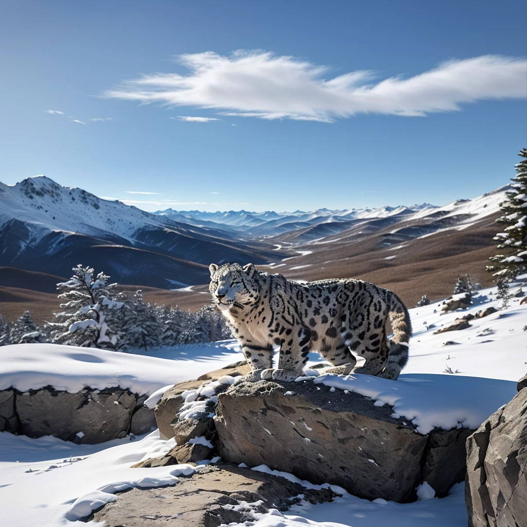 there is a snow leopard standing on a rock in the snow, snow leopard, the photo shows a great, Taken with Sony Alpha 1 camera., in the snow mountains, very detailed 8k photo, Very detailed 4K photo, Image credit Nat Geo, national geographic photo, complete scenic plan, very detailed image, taken with sony alpha 9, snow, endangered