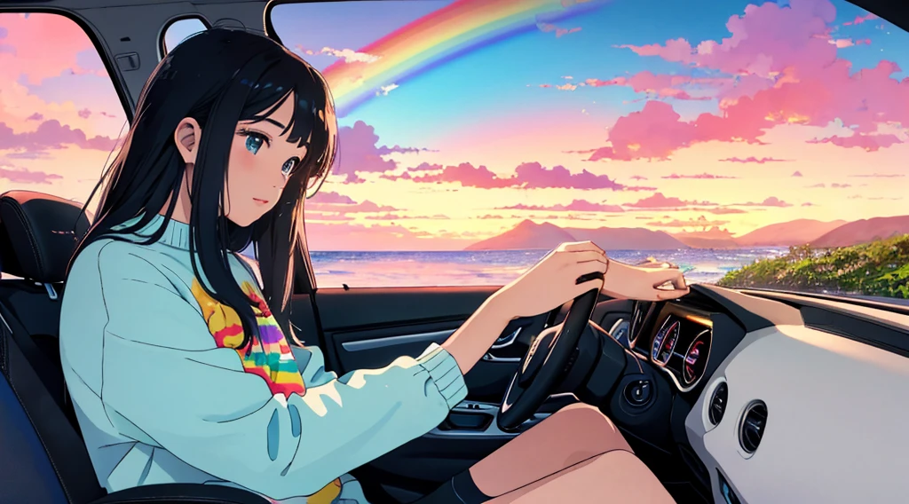 masterpiece, Highest quality, Rainbow Style, アニメ, Beautiful Asian Girl, Sitting in a car, Along the Hawaiian Coast, Cute and dreamy,アニメ,Illustrator,LOFI Girl, Blues,landscape,Sunset