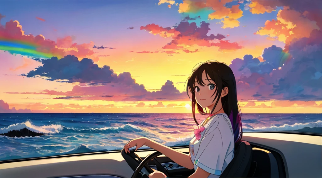 masterpiece, Highest quality, Rainbow Style, アニメ, Beautiful Asian Girl, Sitting in a car, Along the Hawaiian Coast, Cute and dreamy,アニメ,Illustrator,LOFI Girl, Blues,landscape,Sunset