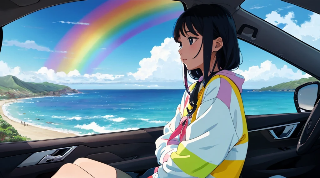masterpiece, Highest quality, Rainbow Style, アニメ, Beautiful Asian Girl, Sitting in a car, Along the Hawaiian Coast, Cute and dreamy,アニメ,Illustrator,LOFI Girl, Blues,landscape,Sunset