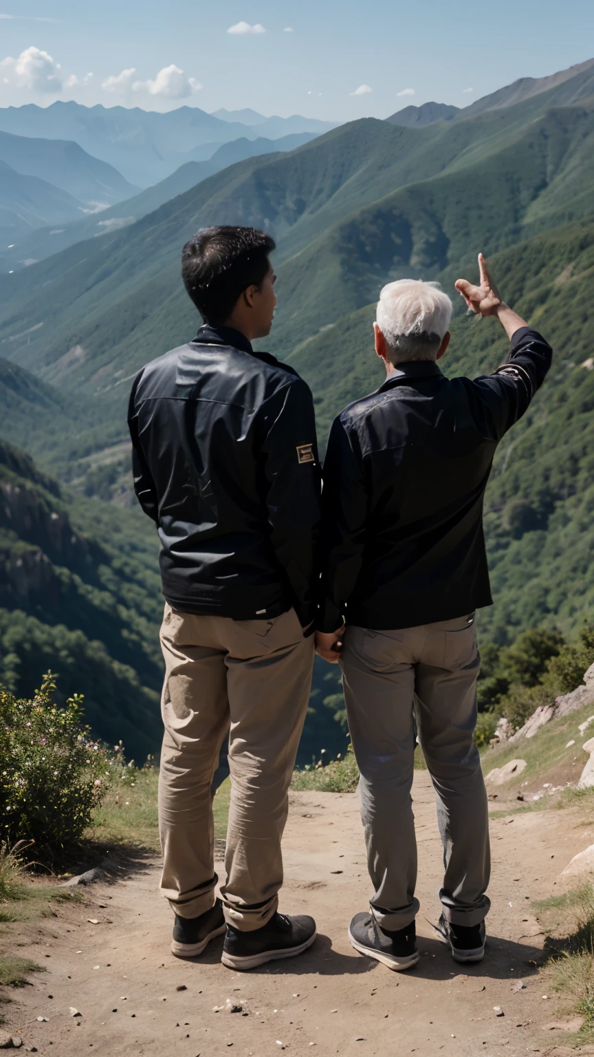 Father and son abstract  in one vision, standing side by side , father try to explain and pointing something in front, the place is in highest mountain, from back shoulder view
