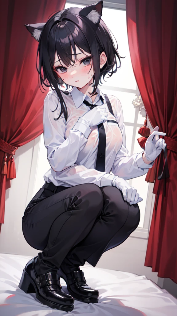 18-year-old Shota,cute,Wear a white long-sleeved shirt and a black work tie,Wear black pants,Wear black booties,Wear white gloves,wear cat ear,Black hair,Black eyes,blush,sweat,Fear,uncomfortable,porn,nsfw