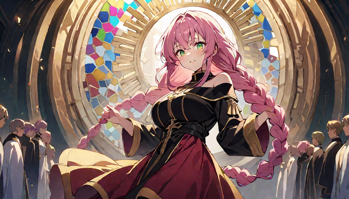 (Highest quality, 4K, 8K, High resolution, masterpiece:1.2), Very detailed, Nuns, prayer, Beautiful attention to detail, Beautiful lip detail, Wimple, Wimpleを被っている, Very detailed目と顔, Long eyelashes, Calm expression, Soft lighting, Religious atmosphere, Rosary, Fingertips touch, Sacred Sun, Sacred Space, Soft sunlight shining through stained glass, Angelic Being, Solemn ceremony, Faith and dedication, The tranquility of the monastery, Green Eyes, Long Hair, Pink hair green, Braids, Two-tone hair,Medium Chest, whole body, Show Viewer, Large Breasts, Big Breasts, (Off-the-shoulder costume:1.5), ((chest wide open and exposed)),