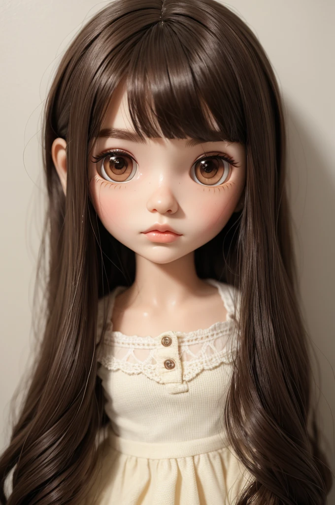 Blythe doll with straight dark brown hair with no bangs and brown eyes