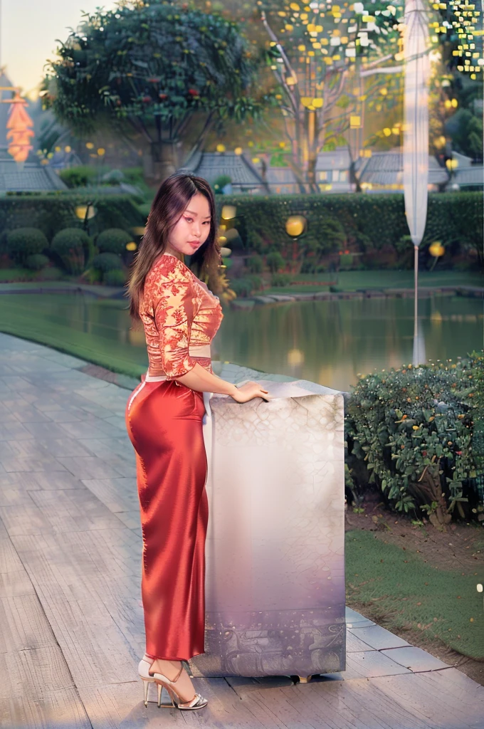 arafed asian woman in a satin dress standing in front of a crowd, (((full body view:2))), ((pretty lady MoonLay)), ((pretty lady MoonLay face:1.5)), ((((pretty lady MoonLay's innocent cute face and cute small smile)))), ((seductive bent over pose for photography:1.4)), ((wearing Myanmar traditional elegant and stylish white and red affair:1.2)), ((super curvy and wide buttock)), ((white top dress:1.5)), ((red satin long skirt:1.5)), ((red satin color skirt:1.5)), ((blue sandal high heel)), south east asian with square face, traditional beauty, beautiful asian girl, anime thai girl, a young beautiful asian woman, (((photorealistic background))), ((cinematic quality, beautiful garden park with shimmering lake and stunning grand gaff house background:1.5)), (((DSLR cinematic bokeh blur background:1.5))), (((evening lighting with golden sunlight1.5))), (cinematic enhance vibrant HDR portrait lighting, perfect anatomy, cannon mark v, DSLR quality), (cinematic shadow and contrast), (perfect anatomy), (perfect toes), (realistic hand shape), (perfect hands), (detailed hands), (perfect toes), (detailed toes), (perfect high heel),