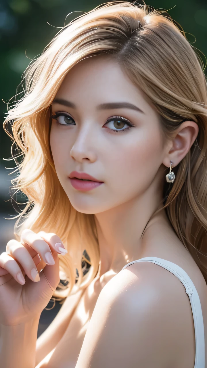 Realistic 16K quality: (((Ultra-high resolution, ridiculous detail quality), realistic Eye, Clear and sharp, Absurd quality, no blurs (perfect round brown_Eye:1.2))), ([long(eyelash)|perfect(Eyehadows)]:[blue|pink]), (Very detailed, Nice little nose:1.2), (perfect composition), Depth of Field, light, lens flare, (Extremely beautiful face, Beautiful lips , Beautiful Eye), (Woman with smooth skin:1.33), ((best high quality real texture hair)), (short blonde, (Wavy, Combing it up, behind ear), Extremely detailed:1.3)), most beautiful artwork photo in the world, Professional Majestic (photography：Steve McCurry), 8k Ultra HD, digital SLR camera, Soft light, high quality, Fuji XT3 Clear focus, f 5.6, dramatic, (Anatomically correct perfect proportions), ((perfect hands:1.2)), (Super beautiful face: 1.33), ((perfect female body:1.4)),