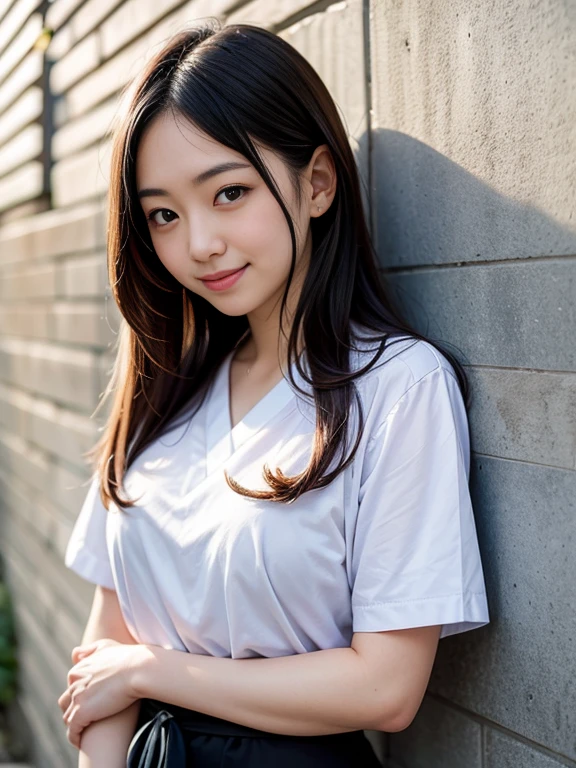 Japanese woman standing in front of a wall, 27 years old,Idol,Nao Kosaka,Smile, close up