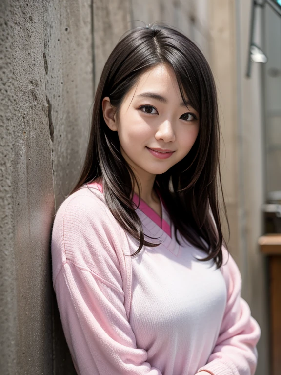 Japanese woman standing in front of a wall, 27 years old,Idol,Nao Kosaka,Smile, close up