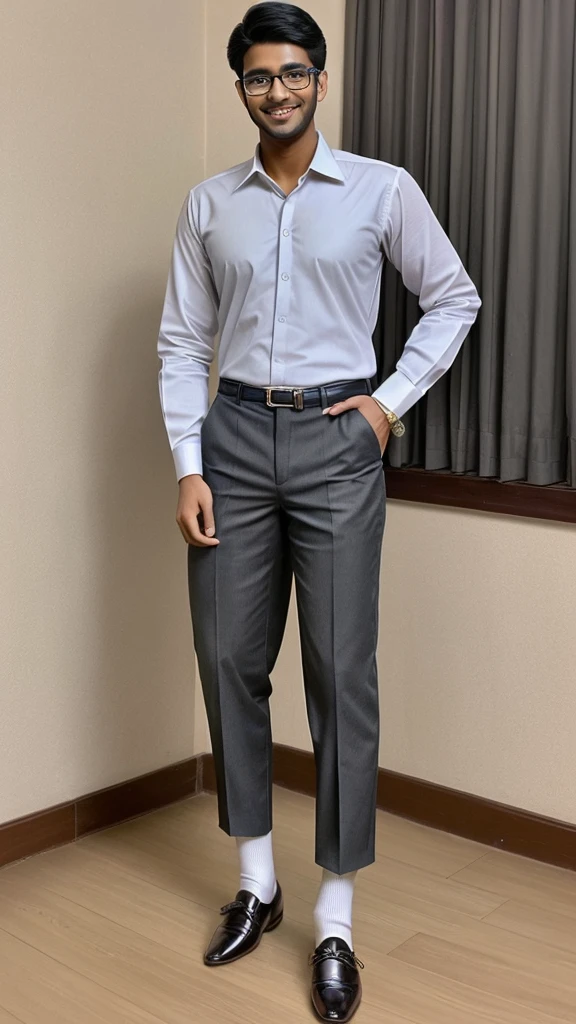 Tall fair indian college handsome boy wearing formal shirt pant, formal shoes with socks, wearing specs. He has a smile