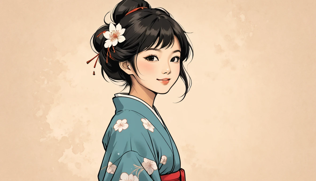 1girld, beautiful happy Japanese girl, Japanese clothing, Japanese hairstyle, negative space, Japanese ink drawing, typical Japanese tinted background