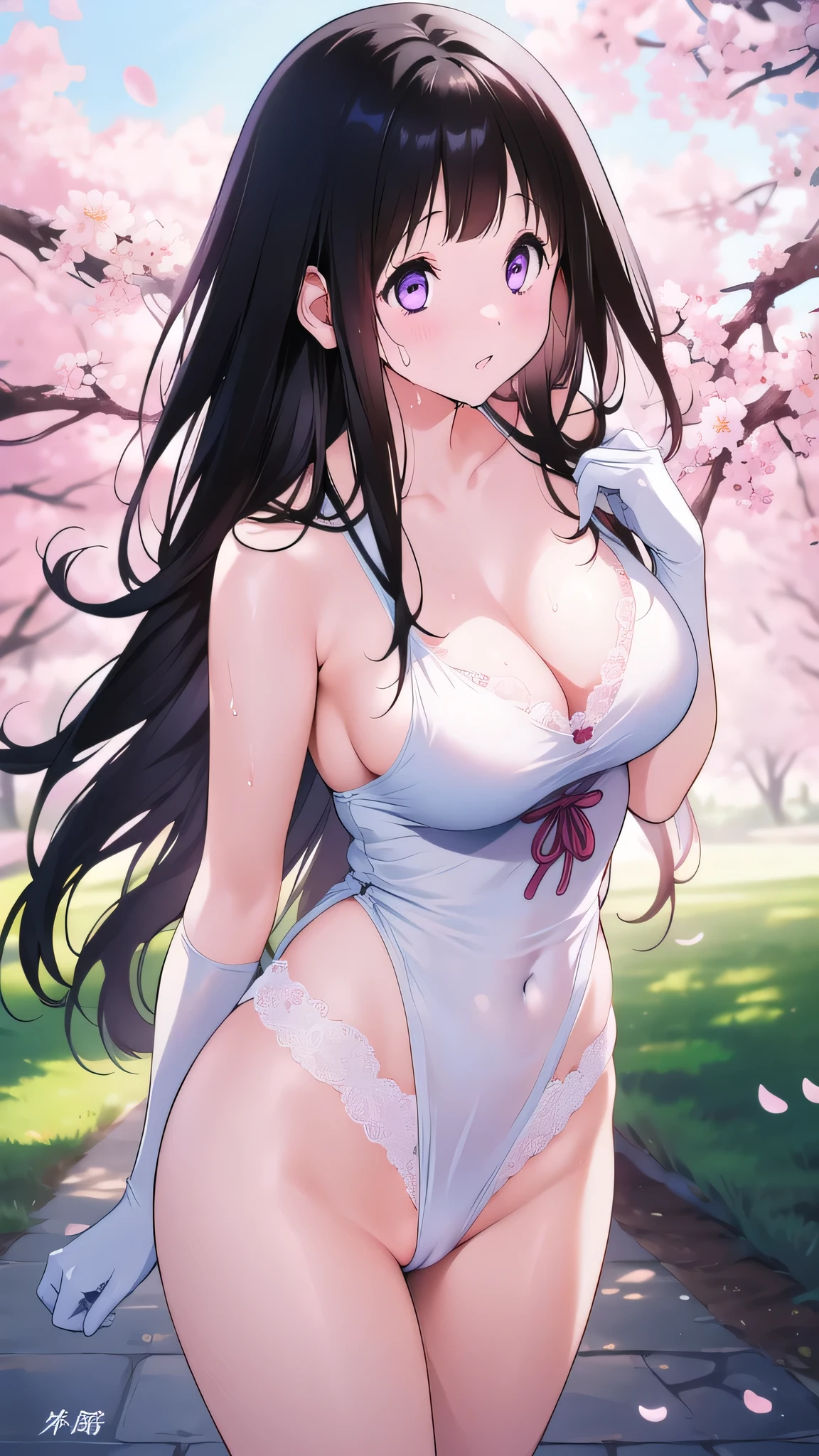 Amazing Chitanda, There is only one beautiful girl,Purple Eyes, Black Hair, Very red face,Very white skin,Glowing skin,Skin as delicate as porcelain,Naturally straight hair, Straight bangs,Extremely refined,Open lips,Long flowing hair,Beautiful Girl, Like a dream,Slim,Slim waist,soft, (sensuous), (Kawaii), Dream quality,Beautiful big breasts,Transparent loose school uniform,areola,Completely naked,Lower edge of breast,White gloves,Flower decoration,Deep V neckline,Loose neckline,Lace-up,Wide neckline,Walking in school,Place your hands on your inner thighs,Thighs clamp hands,Wet skin,Sweaty and sweaty,Sweating all over,Underwear Rain,Next to the cherry blossom trees,Back to,Lean over,Hips,Side body,Gluteal groove,Completely naked buttocks,Bare back,Completely naked back,Light transmission,(no pants),nopan,pussy juice,Bare shoulders,Bare neck,Exposed collarbone,Exposing breasts,Exposing breasts side,Exposing breasts,Show your waist,Show your buttocks,Show your thighs,Exposing the groin,(No pants),extremely shy,Ultra-high resolution, (masterpiece:1.2, best quality), (Delicate and beautiful eyes: 1.2), (Beautiful and delicate face)