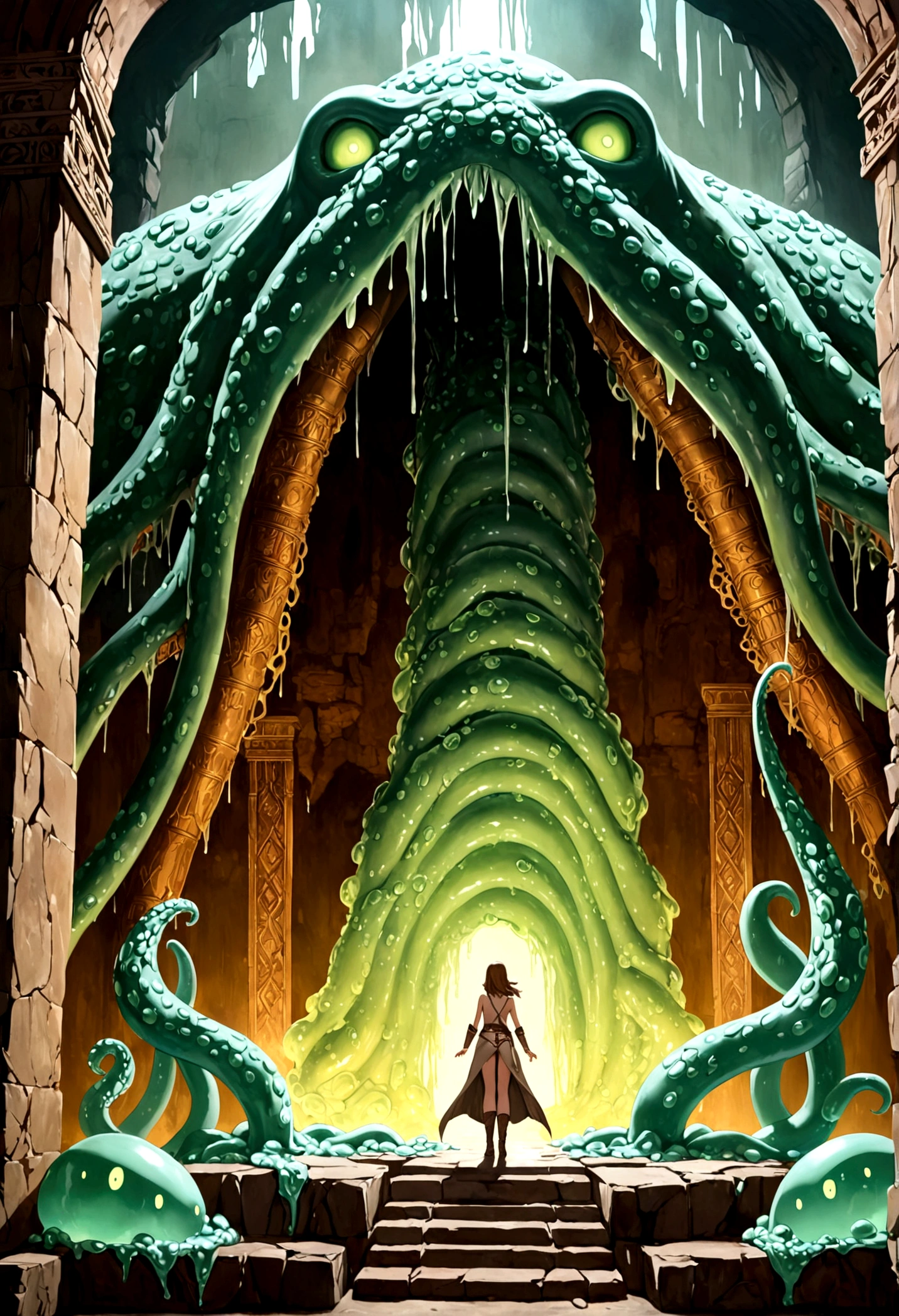 A lovely female indiana Jones (sexy explorer outfit), has discovered the throne chamber in an ancient ruin. (Eldritch symbols cover the odd obsidian wall partly obscured by slimes, molds, and fungus), (A throne of power(made of bone and gold pulsing with evil energy, its guardian is an enormous eldritch horror with many slimy tentacles and an enormous maw) beckons to her to approach the empty throne.
