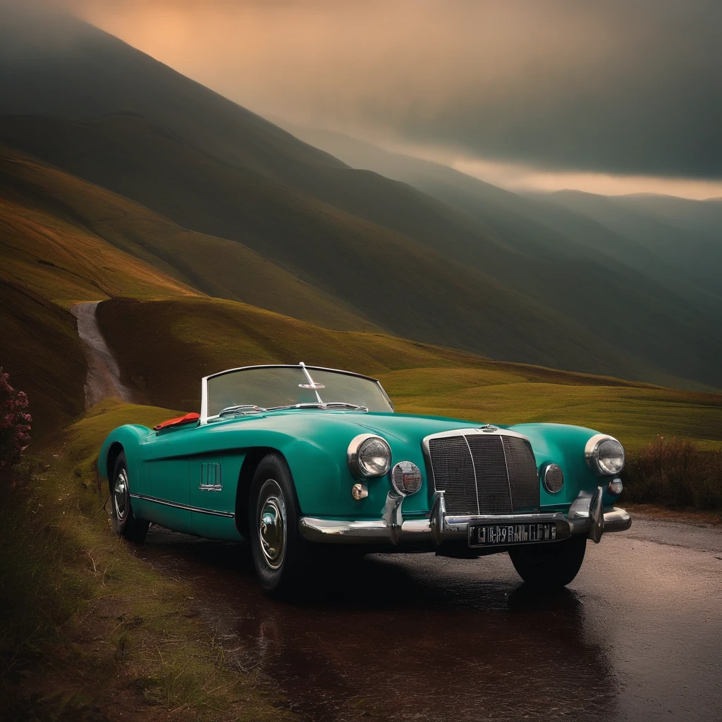 Car on the hills with rain