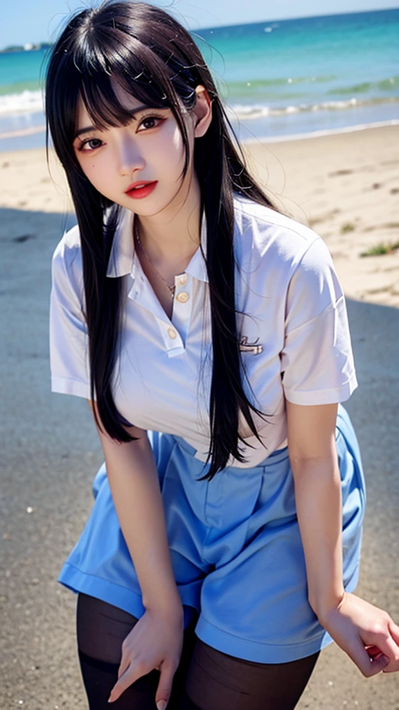 polo shirt、pantyhose/stockings、during、nsfw,revealing、Bite、Erect nipples、Wet T-shirt、Beach、Blue hair、Mansuji