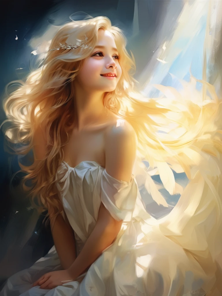 1 Angel Girl, Wings on your back、Blonde, Long Hair, alone、smile、magic, Strapless White Dress、Hopeful Face、