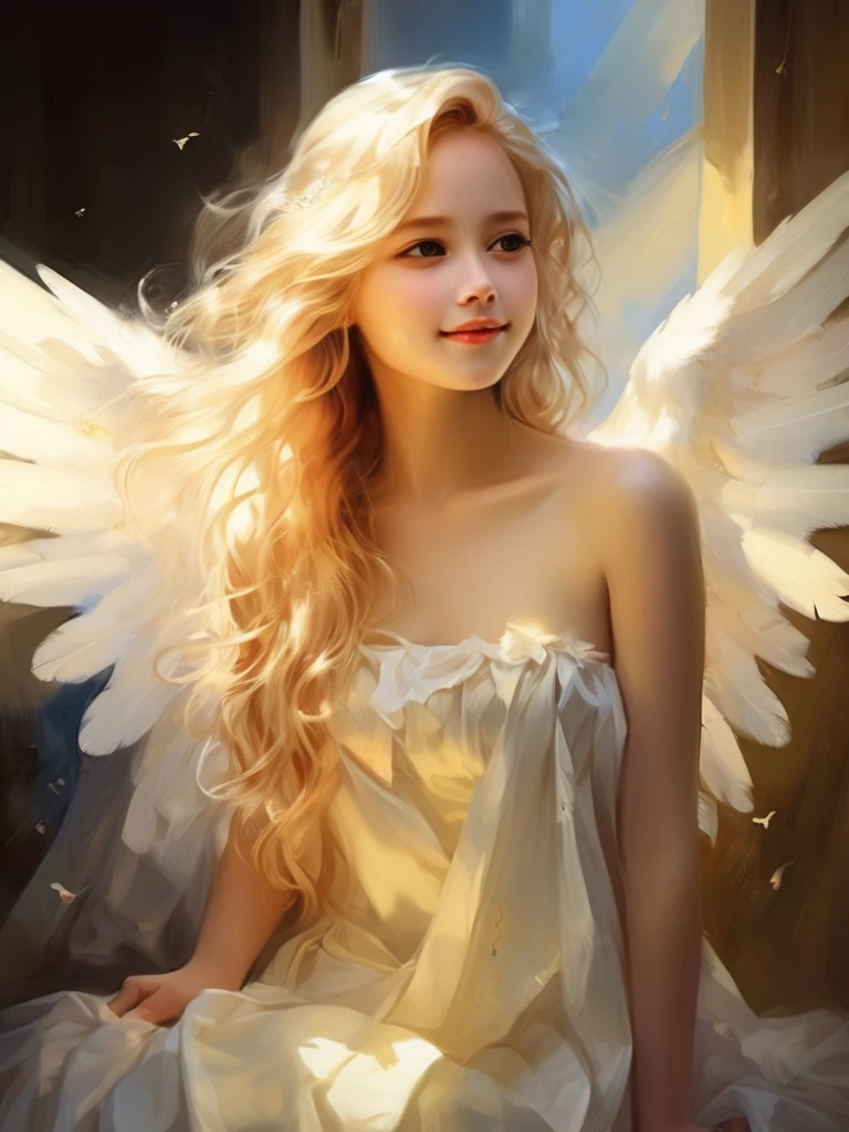 1 Angel Girl, Wings on your back、Blonde, Long Hair, alone、smile、magic, Strapless White Dress、Hopeful Face、