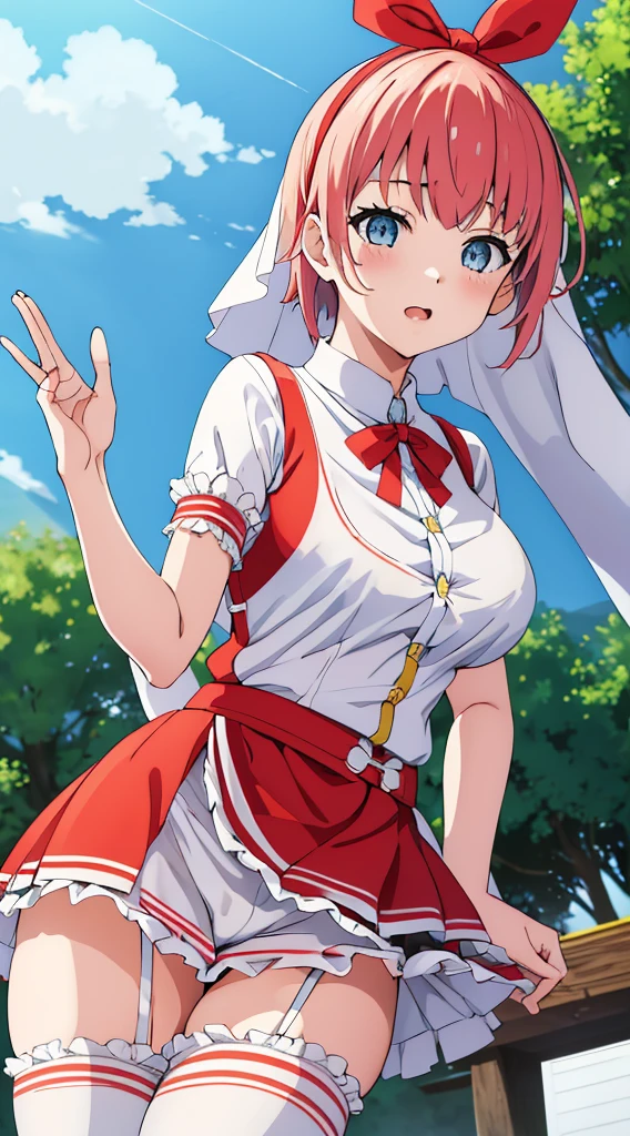 White underwear、In underwear、Panties in full view、White panties、Blue Stripes々Large bra 1, 1girl, asahina mikuru, long hair, kita high , 独奏,  short sleeves, red ribbon, large breasts, cowboy shot, waving, outdoors, leaning forward,