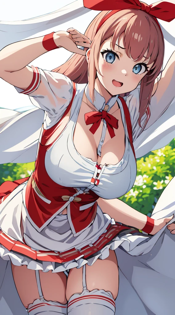 White underwear、In underwear、Panties in full view、White panties、Blue Stripes々Large bra 1, 1girl, asahina mikuru, long hair, kita high , 独奏,  short sleeves, red ribbon, large breasts, cowboy shot, waving, outdoors, leaning forward,