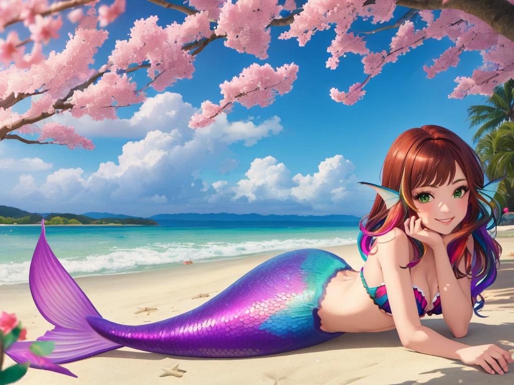 masterpiece, best quality:1.2), 1girl, smile, looking at viewer, green eyes, short brown multicolored hair, mermaid, mermaid girl, wearing purple seashell bra, laying on beach, colorful mermaid tail, outdoors, head fins, fin ears, under cherry blossoms