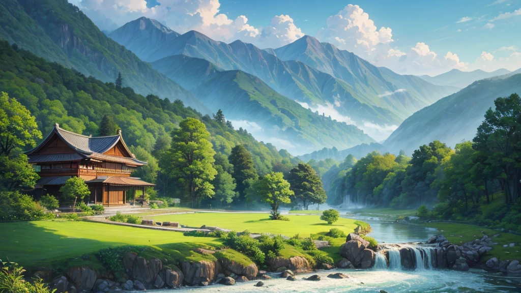 a peaceful landscape, Could be a painting, with a river flowing through the valley and traditional Asian-style houses nestled among lush green nature. The mist-covered mountains lie in the background, and there are birds flying in the sky. The scene is quiet and in harmony with nature, may attract attention for its aesthetic beauty or cultural representation. Aerial view