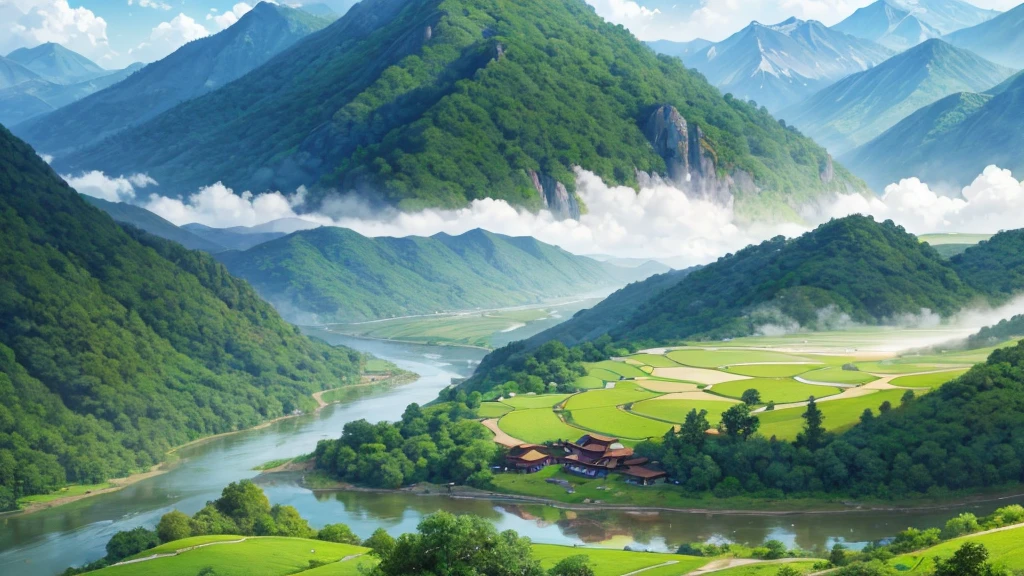 a peaceful landscape, Could be a painting, with a river flowing through the valley and traditional Asian-style houses nestled among lush green nature. The mist-covered mountains lie in the background, and there are birds flying in the sky. The scene is quiet and in harmony with nature, may attract attention for its aesthetic beauty or cultural representation. Aerial view
