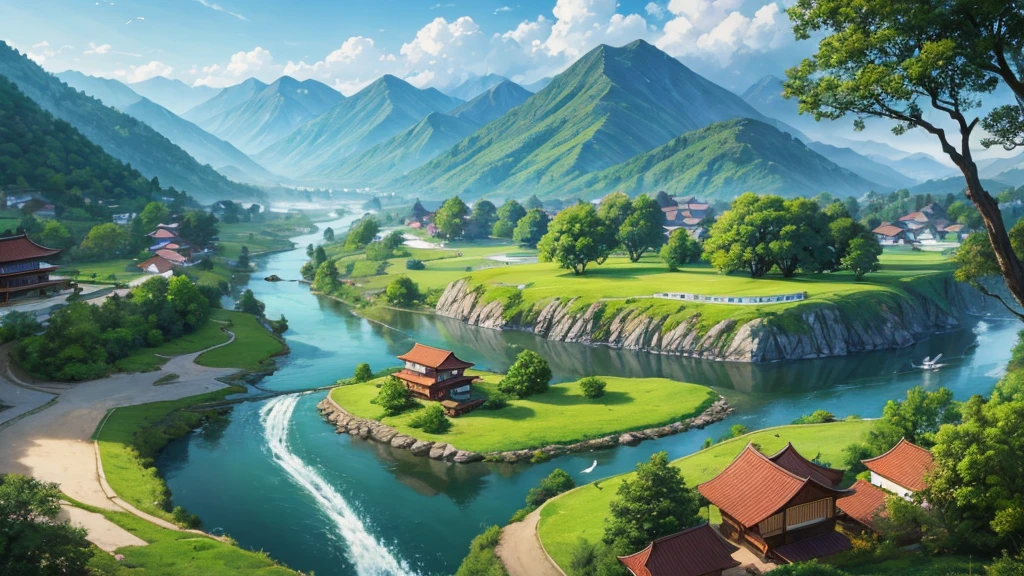 a peaceful landscape, Could be a painting, with a river flowing through the valley and traditional Asian-style houses nestled among lush green nature. The mist-covered mountains lie in the background, and there are birds flying in the sky. The scene is quiet and in harmony with nature, may attract attention for its aesthetic beauty or cultural representation. Aerial view
