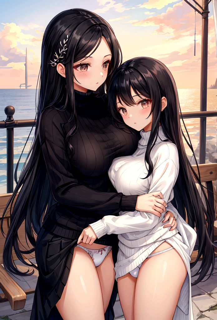 Beauty mother-in-law Height difference Black Hair Straight long hair hairpin Knitted sweater Mother and daughter have beautiful breasts The wind flips up my skirt White panties