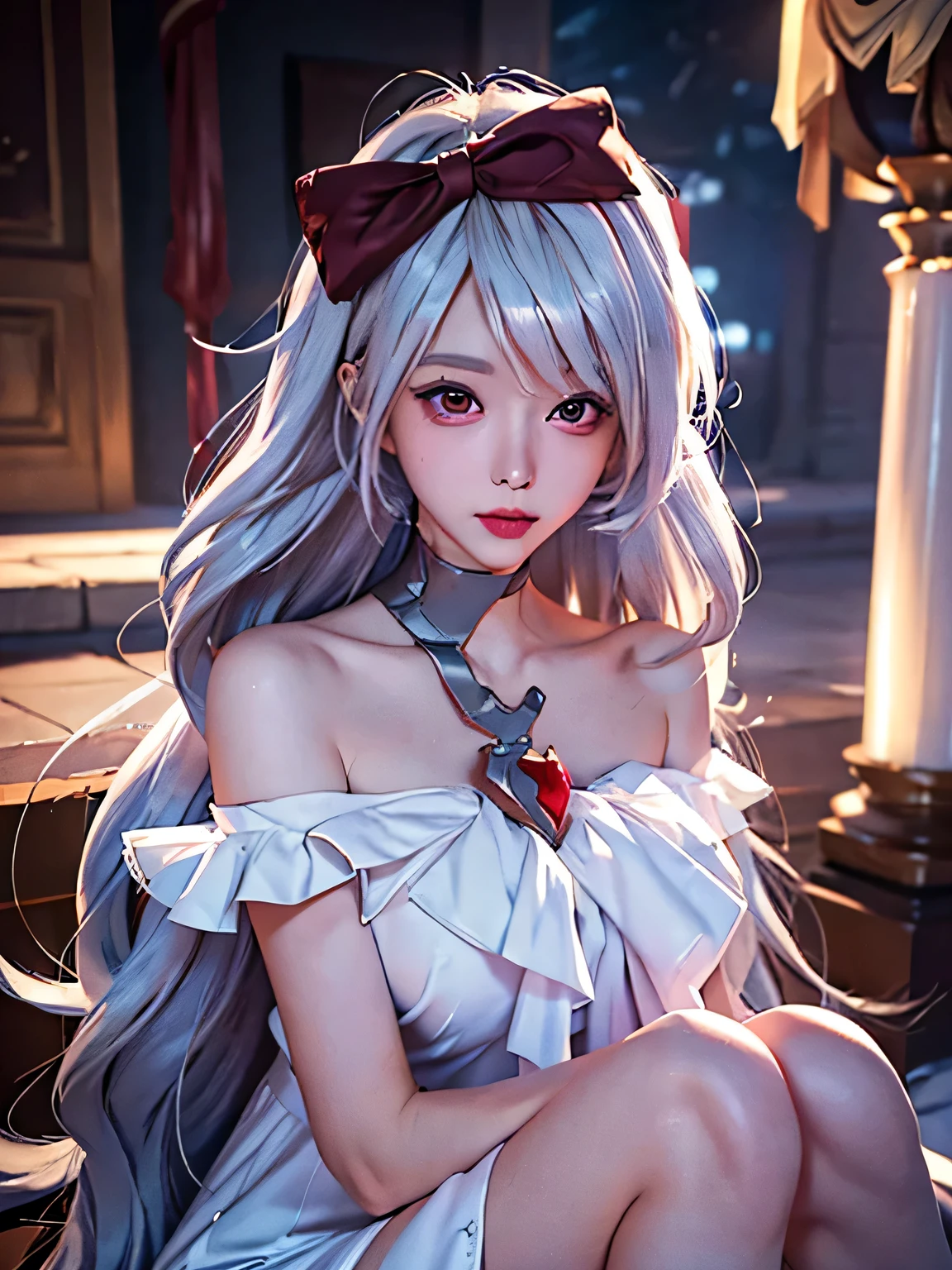 a close up of a woman laying on a bed with a red bow, perfect white haired girl, guweiz, artwork in the style of guweiz, realistic anime 3 d style, girl with white hair, realistic anime art style, photorealistic anime, smooth anime cg art, anime realism style, hyper realistic anime, beautiful anime girl, realistic anime artstyle