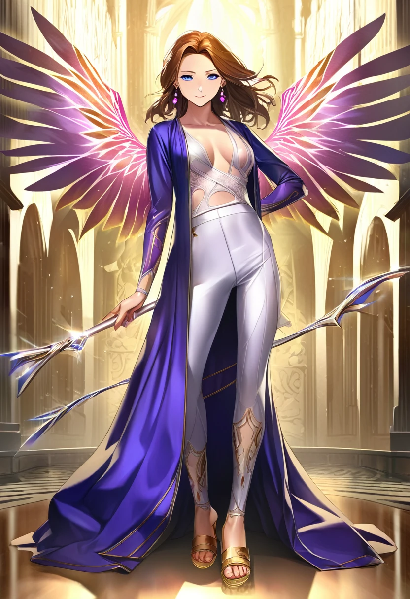 ((Angel)), Masculine, tall, graceful with an ethereal presence, middle-aged, front view, tanned, smooth, radiant, healthy skin, bright, navy blue eyes, with highlights, ((wearing a flowing purple robe with pink details)), serene smile, mouth semi-open, peaceful expression, orange and brown hair, wavy and haloed, shiny, detailed, (((navy blue earrings))), elegant, (((white pants))), ((((golden sandals)))), many accessories, full body, holding a glowing staff, heavenly background with clouds and light beams, celestial, illuminated, 8k quality, extremely detailed, masterpiece, high resolution, realistic skin texture, hyper realistic, increase resolution, raw photos, best quality, highly detailed, background screen, cinematic lighting, ray trace, golden ratio, dynamic angle, looking at viewer, in an angelic pose, best posture, ((full body)), (((radiant wings)))