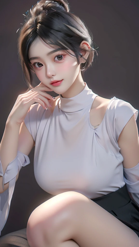 ((masterpiece))、((top-quality))、a picture、Realisticity、high-level image quality、ultra-detailliert、Delicate facial features、short-hair、Realistic backgrounds and accessories、age 20s、Plump body、large sexy smile、Seductive facial expressions、Beauty Salon、beautician、Cutting hair、black mesh shirt、tight sexy atmospher, large soft breasts, perfect fingers