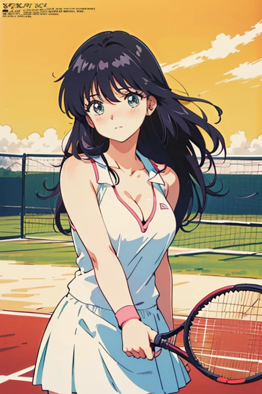 (masutepiece, Best Quality, High resolution:1.5, anime colours, megami magazine:1.2, anime poster style, anime keyvisual, sharp, 8k, photorealistic), (beautiful detailed eyes:1.5, beautiful detailed face:1.2), madoka ayukawa, 1girl, blush, (black hair, Long Hair), (sagging large breasts), cleavage, (tennis wear), upper body, (Perfect detailed Anatomy, beautiful detailed hair, beautiful detailed body:1.2, shiny skin), (thick outline, Beautiful outlines, black outlines), simple background