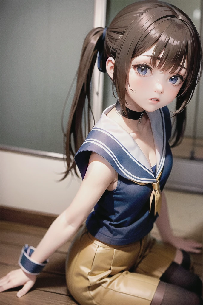 masterpiece,Highest quality,High resolution,shape,Very detailed,8k CG wallpaper,Ray Tracing,(Black Hair:1.1),((Long Hair:1.1)),(Black Eye 1:1.1),Straight hair,Medium Chest,((is 1:1.5)),((Bow 1:1.5)),((White short-sleeved sailor uniform:1.2)),locker room,School Swimsuit
