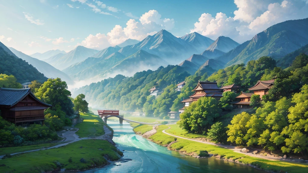 a peaceful landscape, Could be a painting, with a river flowing through the valley and traditional Asian-style houses nestled among lush green nature. The mist-covered mountains lie in the background, and there are birds flying in the sky. The scene is quiet and in harmony with nature, may attract attention for its aesthetic beauty or cultural representation. Aerial view
