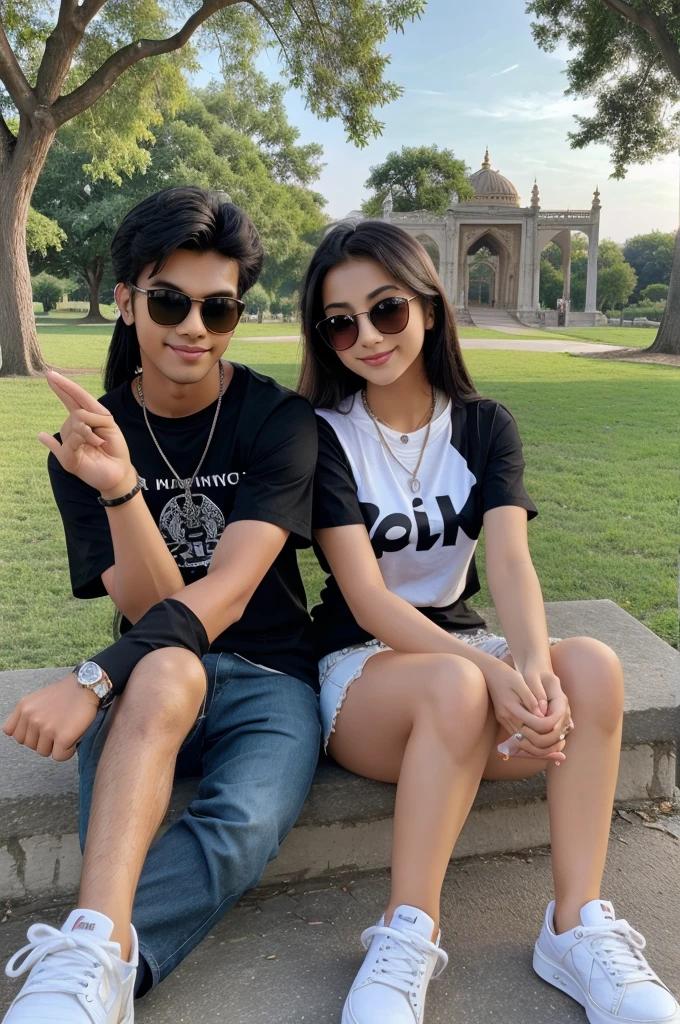 Create 20 years old girl and boy sitting in beautiful Park ground with stylish pose And Making heart with your hands, eyes to eyes contact. girl and Boy wearing black shirt, with name "RIYAZ" and "RINKI"write on shirt with white shoes. he is Looking so cute, indian, smiling, neckLace, happy, sungLasses. Beautiful flowers in back, some couple's sitting in back. High quality 4k pictures, full BLaring background