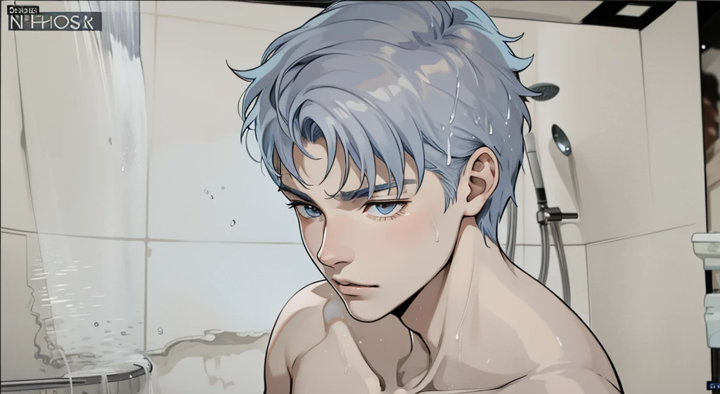 blue water falls from the shower young man, , gray hair, he is taking a shower, he feels that someone is approaching from behind him.