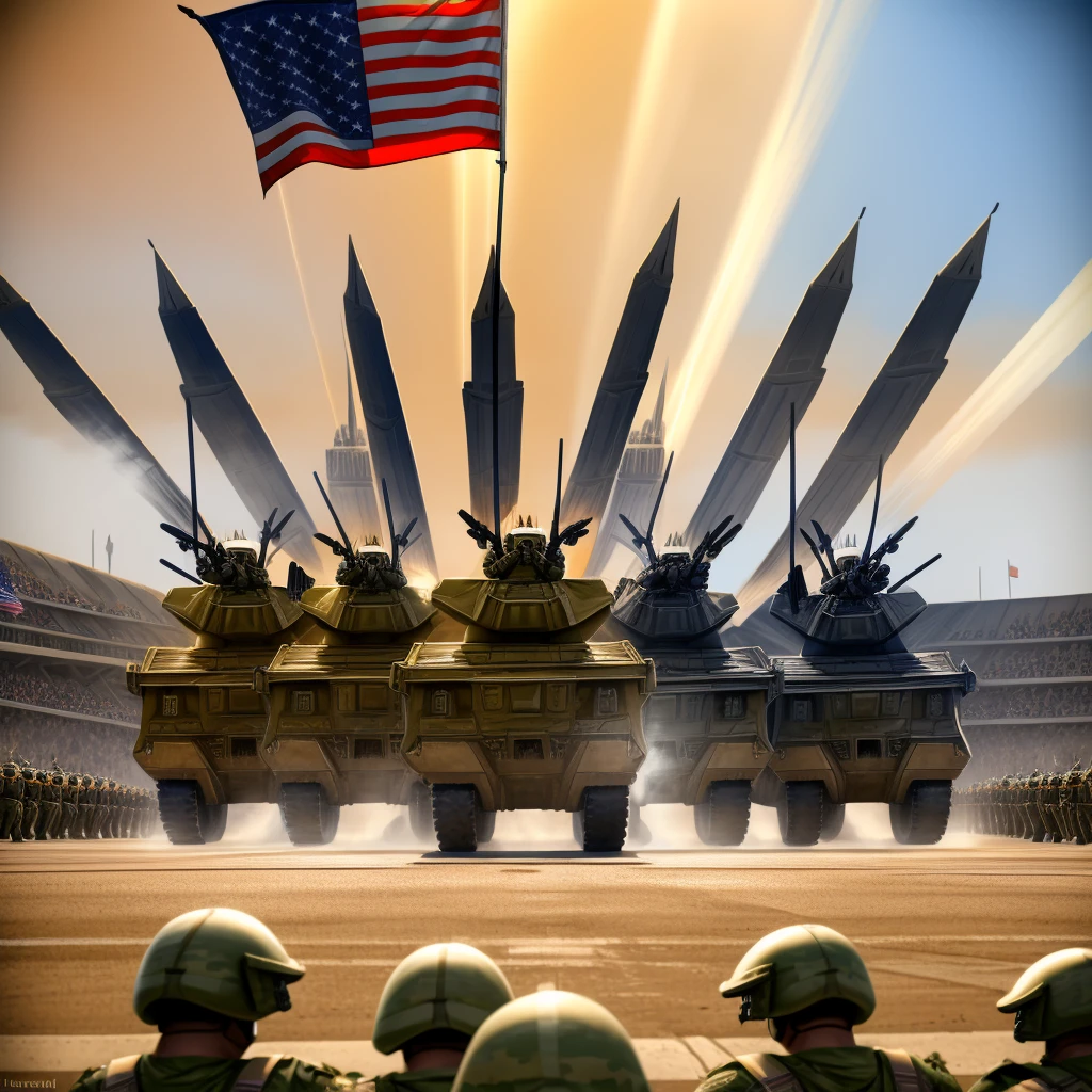 a grand military parade,1000 soldiers marching in perfect formation,tanks and armored vehicles rolling by,fighter jets soaring overhead,national flags waving proudly,war medals and insignia,disciplined troops with rifles at the ready,patriotic crowds cheering,dramatic lighting and smoke effects,cold steel and gleaming armor,highly detailed military uniforms,dramatic camera angles,cinematic scale and grandeur,(best quality,8k,masterpiece:1.2),hyper realistic,photorealistic,cinematic lighting,military photography,dramatic tension,patriotic colors