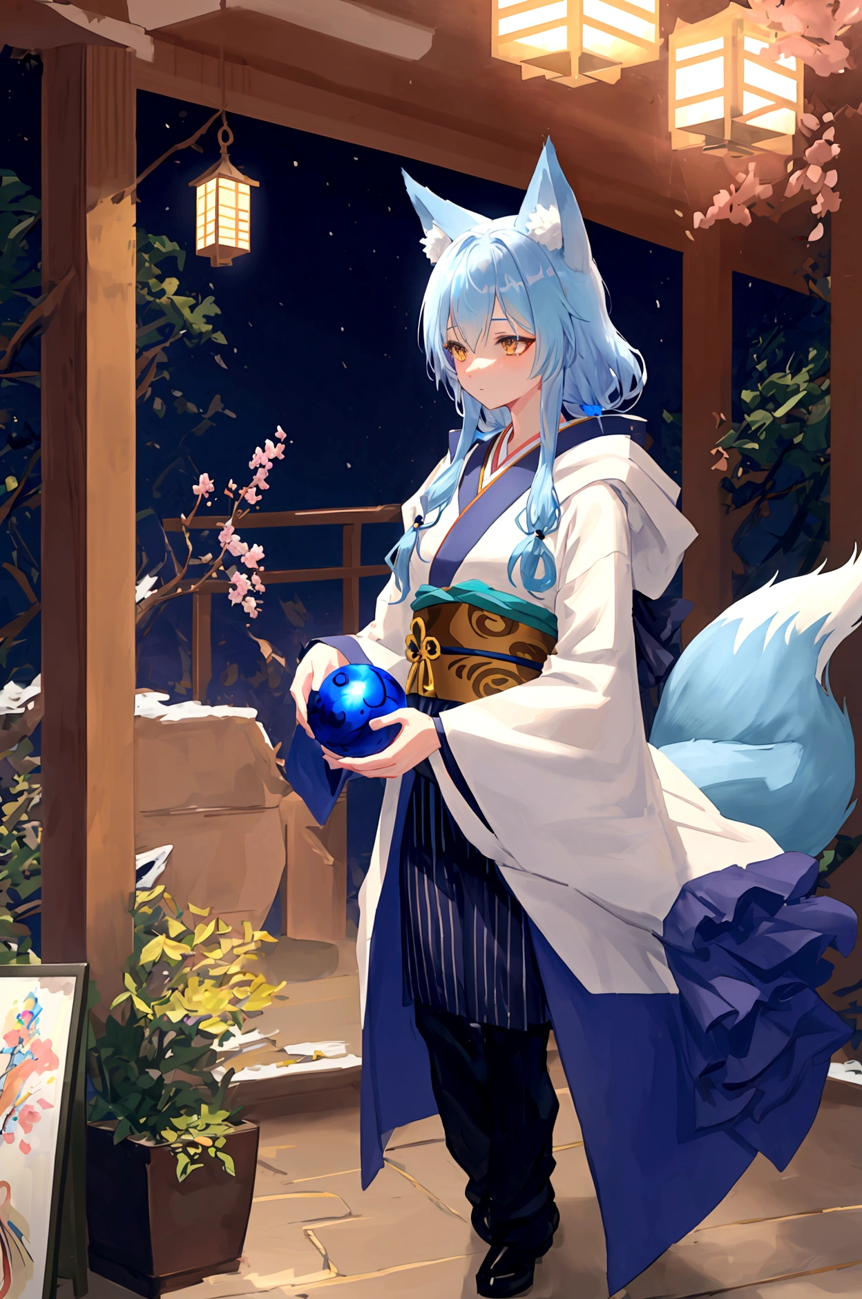 fox Light blue hair 　beast girl　indigo fur　fox beast girl　fox Light blue hair 　beast girl　indigo fur　fox beast girl　Wallpaper 4k,8k,highly detailled,,vivid colors,detailed kitsune with 9 tails,traditional Japanese artwork,tatami floor,beautiful cherry blossoms,floating lanterns,dark silhouette of a pagoda,subtle moonlight,dense forest,ethereal atmosphere,dappled sunlight,whimsical spirit,serene expression,elaborate kimono and obi,delicate hand-painted details,luminous eyes　Anime Style　fox　blue　White-faced golden-haired nine-tailed fox　Coat blue　　((best quality)), ((masterpiece)), (detailed), perfect face,solo,kemono,night,fantasy,rainy,thunder,black fur,golden stripes,anthro black wolf.wore a robe that hugged his muscular frame, with a long blue cloak draped over his shoulders.golden eyes,magic,wizard hooded((best quality)), ((masterpiece)), (detailed), perfect face,solo,kemono,night,fantasy,rainy,thunder,black fur,golden stripes,anthro black wolf.wore a robe that hugged his muscular frame, with a long blue cloak draped over his shoulders.golden eyes,magic,wizard hooded　mysterious background　Blue Flame　girl　have a ball of light Anime Style　fox　blue　White-faced golden-haired nine-tailed fox　Coat blue　　　mysterious background　Blue Flame　girl　have a ball of light