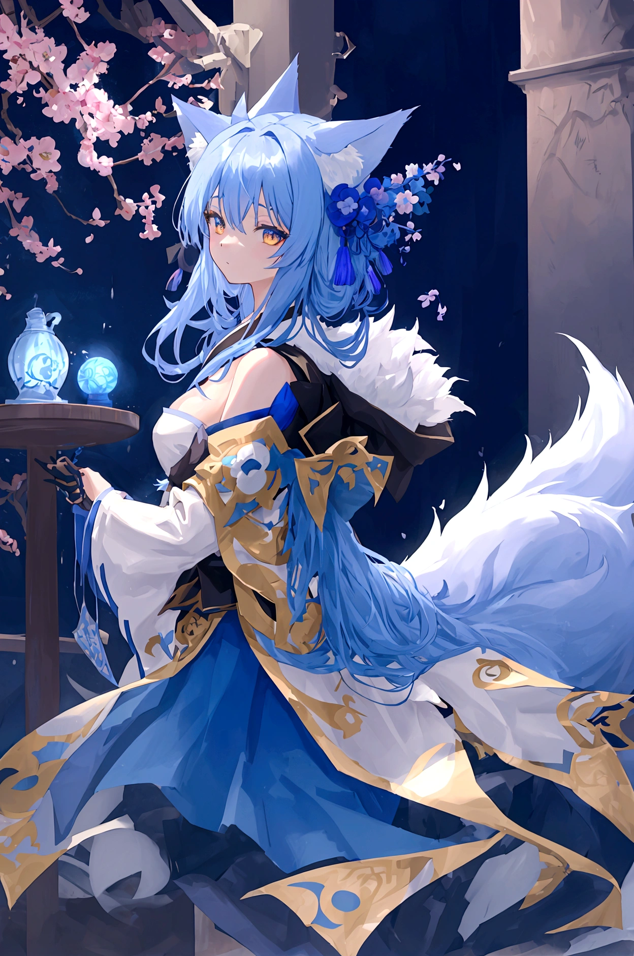fox Light blue hair beast girl indigo fur fox beast girl fox Light blue hair beast girl indigo fur fox beast girl Wallpaper 4k,8k,highly detailled,,vivid colors,detailed kitsune with 9 tails,traditional Japanese artwork,tatami floor,beautiful cherry blossoms,floating lanterns,dark silhouette of a pagoda,subtle moonlight,dense forest,ethereal atmosphere,dappled sunlight,whimsical spirit,serene expression,elaborate kimono and obi,delicate hand-painted details,luminous eyes Anime Style fox blue White-faced golden-haired nine-tailed fox Coat blue ((best quality)), ((masterpiece)), (detailed), perfect face,solo,kemono,night,fantasy,rainy,thunder,black fur,golden stripes,anthro black wolf.wore a robe that hugged his muscular frame, with a long blue cloak draped over his shoulders.golden eyes,magic,wizard hooded((best quality)), ((masterpiece)), (detailed), perfect face,solo,kemono,night,fantasy,rainy,thunder,black fur,golden stripes,anthro black wolf.wore a robe that hugged his muscular frame, with a long blue cloak draped over his shoulders.golden eyes,magic,wizard hooded mysterious background Blue Flame girl have a ball of light Anime Style fox blue White-faced golden-haired nine-tailed fox Coat blue mysterious background Blue Flame girl have a ball of light