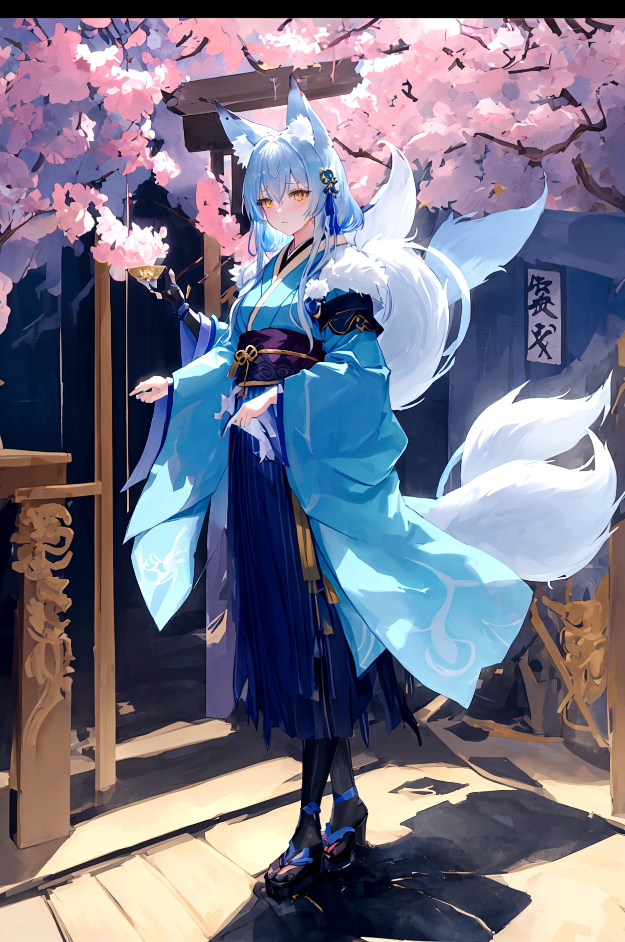 fox Light blue hair 　beast girl　indigo fur　fox beast girl　fox Light blue hair 　beast girl　indigo fur　fox beast girl　Wallpaper 4k,8k,highly detailled,,vivid colors,detailed kitsune with 9 tails,traditional Japanese artwork,tatami floor,beautiful cherry blossoms,floating lanterns,dark silhouette of a pagoda,subtle moonlight,dense forest,ethereal atmosphere,dappled sunlight,whimsical spirit,serene expression,elaborate kimono and obi,delicate hand-painted details,luminous eyes　Anime Style　fox　blue　White-faced golden-haired nine-tailed fox　Coat blue　　((best quality)), ((masterpiece)), (detailed), perfect face,solo,kemono,night,fantasy,rainy,thunder,black fur,golden stripes,anthro black wolf.wore a robe that hugged his muscular frame, with a long blue cloak draped over his shoulders.golden eyes,magic,wizard hooded((best quality)), ((masterpiece)), (detailed), perfect face,solo,kemono,night,fantasy,rainy,thunder,black fur,golden stripes,anthro black wolf.wore a robe that hugged his muscular frame, with a long blue cloak draped over his shoulders.golden eyes,magic,wizard hooded　mysterious background　Blue Flame　girl　have a ball of light Anime Style　fox　blue　White-faced golden-haired nine-tailed fox　Coat blue　　　mysterious background　Blue Flame　girl　have a ball of light