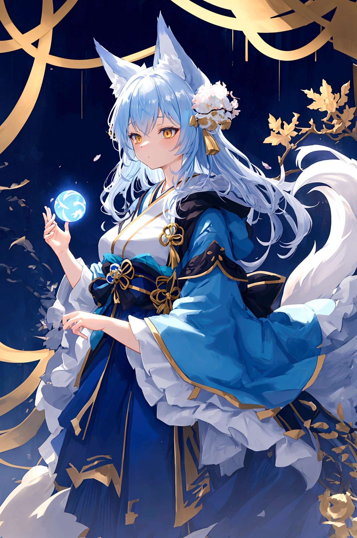 fox Light blue hair beast girl indigo fur fox beast girl fox Light blue hair beast girl indigo fur fox beast girl Wallpaper 4k,8k,highly detailled,,vivid colors,detailed kitsune with 9 tails,traditional Japanese artwork,tatami floor,beautiful cherry blossoms,floating lanterns,dark silhouette of a pagoda,subtle moonlight,dense forest,ethereal atmosphere,dappled sunlight,whimsical spirit,serene expression,elaborate kimono and obi,delicate hand-painted details,luminous eyes Anime Style fox blue White-faced golden-haired nine-tailed fox Coat blue ((best quality)), ((masterpiece)), (detailed), perfect face,solo,kemono,night,fantasy,rainy,thunder,black fur,golden stripes,anthro black wolf.wore a robe that hugged his muscular frame, with a long blue cloak draped over his shoulders.golden eyes,magic,wizard hooded((best quality)), ((masterpiece)), (detailed), perfect face,solo,kemono,night,fantasy,rainy,thunder,black fur,golden stripes,anthro black wolf.wore a robe that hugged his muscular frame, with a long blue cloak draped over his shoulders.golden eyes,magic,wizard hooded mysterious background Blue Flame girl have a ball of light Anime Style fox blue White-faced golden-haired nine-tailed fox Coat blue mysterious background Blue Flame girl have a ball of light