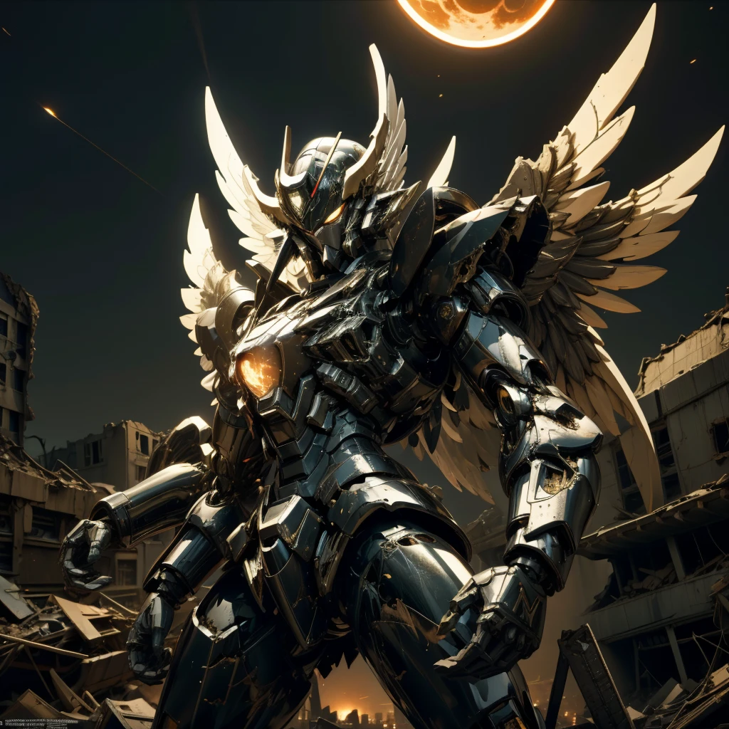 female mecha wings of angel, in black armor, in a destroyed city, the night, with an eclipse in the background