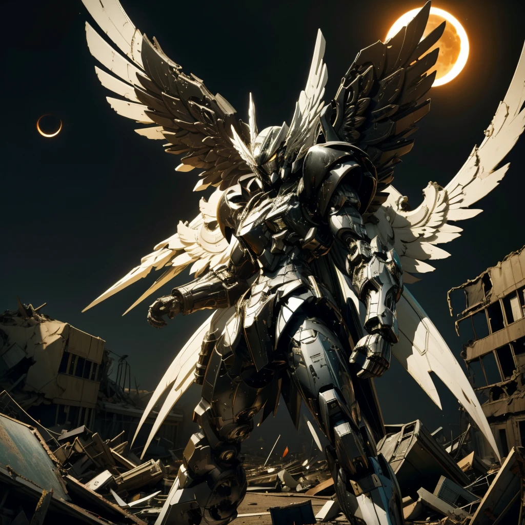 female mecha wings of angel, in black armor, in a destroyed city, the night, with an eclipse in the background