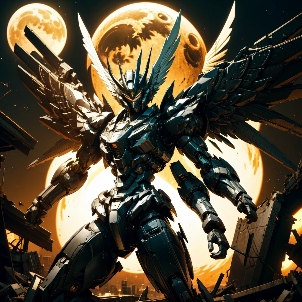 female mecha wings of angel, in black armor, in a destroyed city, the night, with an eclipse in the background