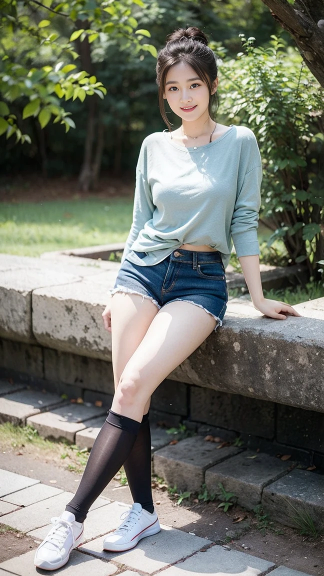masterpiece, best quality, Surreal, Ultra Detailed, 8k resolution, RAW photos, Clear focus, (A girl in the forest),Asian woman in a blue top and white shorts posing for a photo,Breast augmentation, Full body posture, Solitary, Perfect body, Become a, 32 inches in the chest,(a charming smile:1), (sexy pose),26 years old, light,White shoes,Nozomi Takemura, Oka Yasumoto, Chiho, Ogata Aoi, Motto Cave, Yoshitomo Nara, Kakinuchi Megumi, Harumi, Kojima De Ami, Beichuan Marin