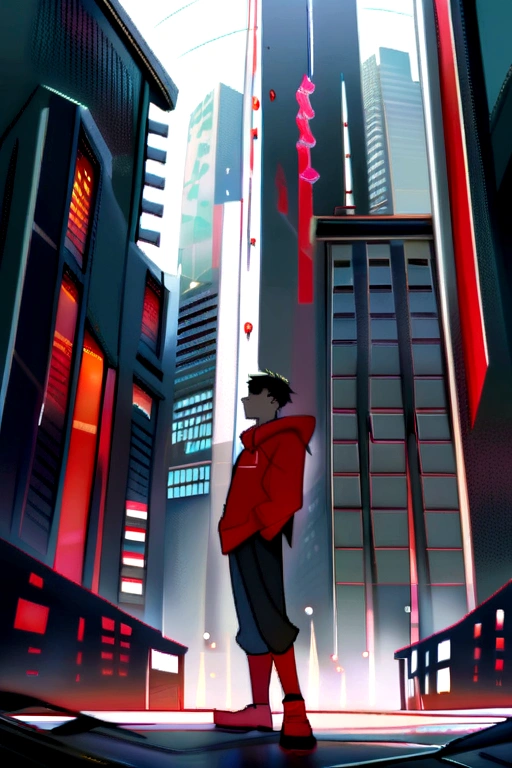 A digital artwork featuring a boy in a red hoodie and red boots standing in an urban environment. The scene is viewed from a low angle, looking up at the boy and the tall, grey buildings surrounding him. The buildings have a futuristic, dystopian aesthetic with scattered red signs and accents. The color palette is predominantly grey and red, creating a striking contrast. The boy's expression is calm and confident, with his hair flowing slightly in the wind. The overall atmosphere is urban and edgy, with a sense of depth and perspective emphasized by the tall buildings."
