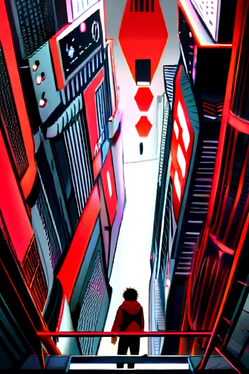 A digital artwork featuring a boy in a red hoodie and red boots standing in an urban environment. The scene is viewed from a low angle, looking up at the boy and the tall, grey buildings surrounding him. The buildings have a futuristic, dystopian aesthetic with scattered red signs and accents. The color palette is predominantly grey and red, creating a striking contrast. The boy's expression is calm and confident, with his hair flowing slightly in the wind. The overall atmosphere is urban and edgy, with a sense of depth and perspective emphasized by the tall buildings."